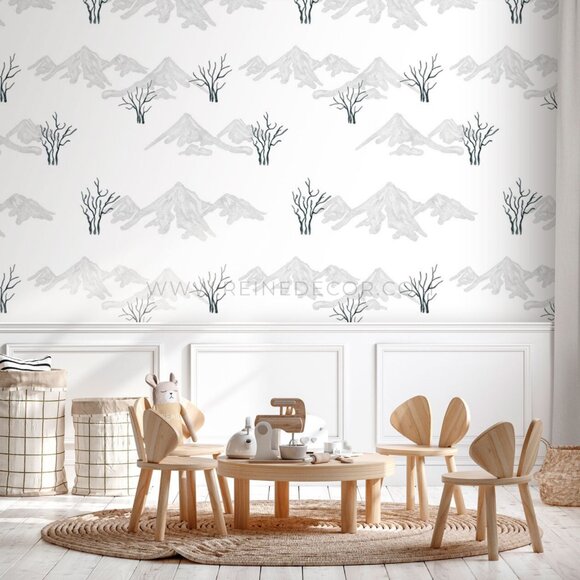 Black and White Mountains and Trees Illustration Wallpaper - Picture 3 of 9